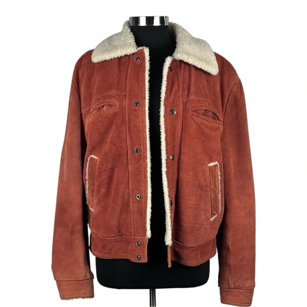 VINTAGE 70S OVERSIZED SUEDE LEATHER SNAP RUST BROWN BOMBER JACKET DAVID MICHAEL